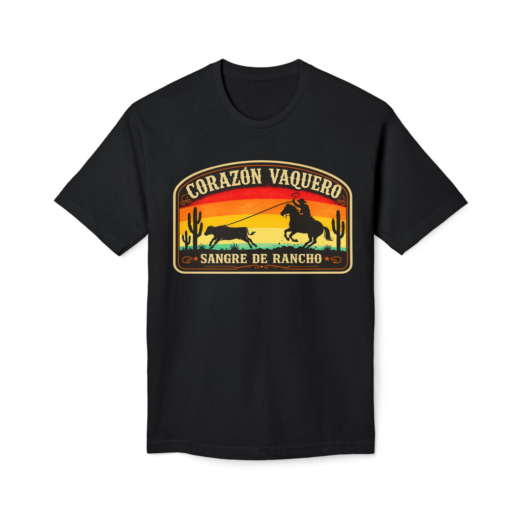 Western Cowboy T-Shirt — "Corazón Vaquero / Sangre de Rancho" Sunset Graphic