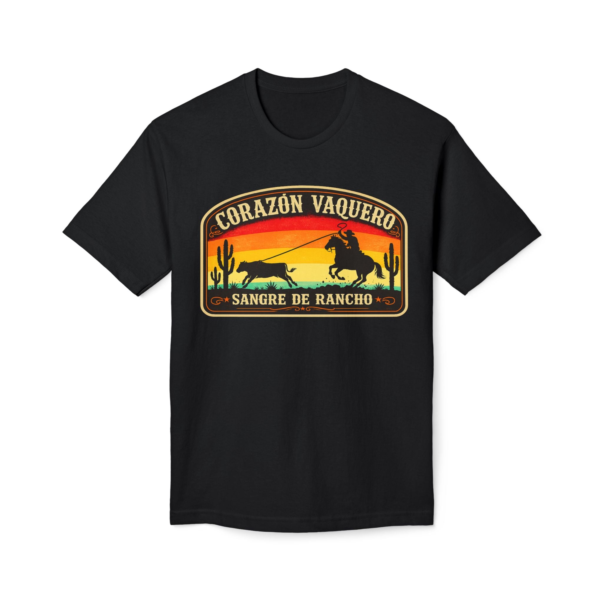Western Cowboy T-Shirt — "Corazón Vaquero / Sangre de Rancho" Sunset Graphic